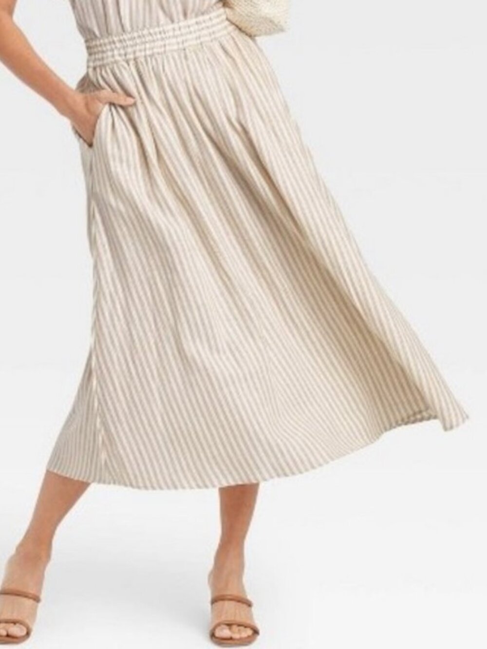 Cream Striped Smocked Waist Mid-Rise A-Line Skirt - Size Small